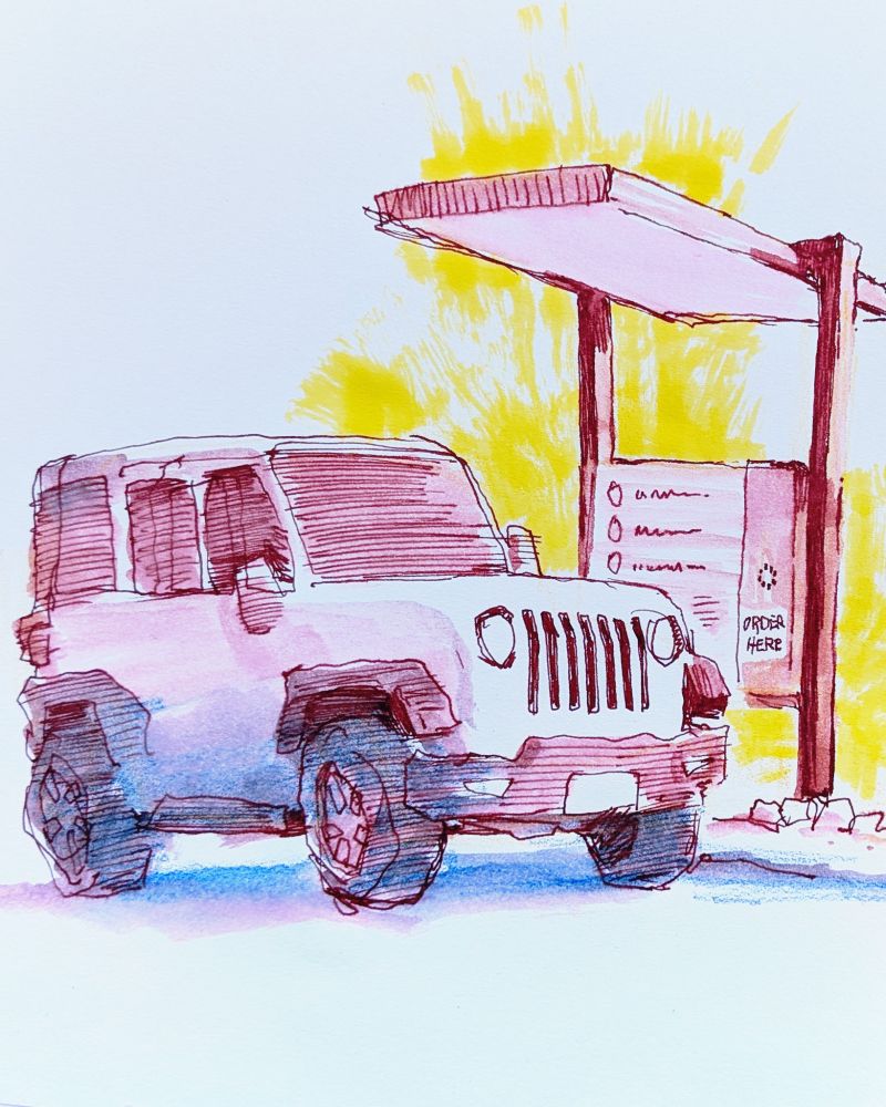 Close up of the sketch showing a Jeep Wrangler at the Order Here Kiosk at a Starbucks Drive Thru