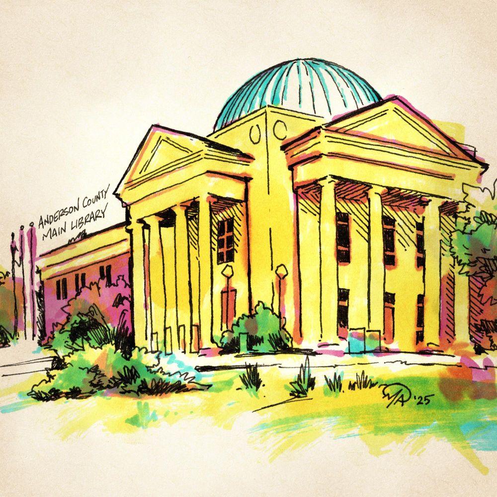 Urban sketch of the main library in Anderson, SC. Colors are saturated using cyan, magenta, yellow, and keylines with a black fountain pen. The building features Roman columns and a large dome roof.