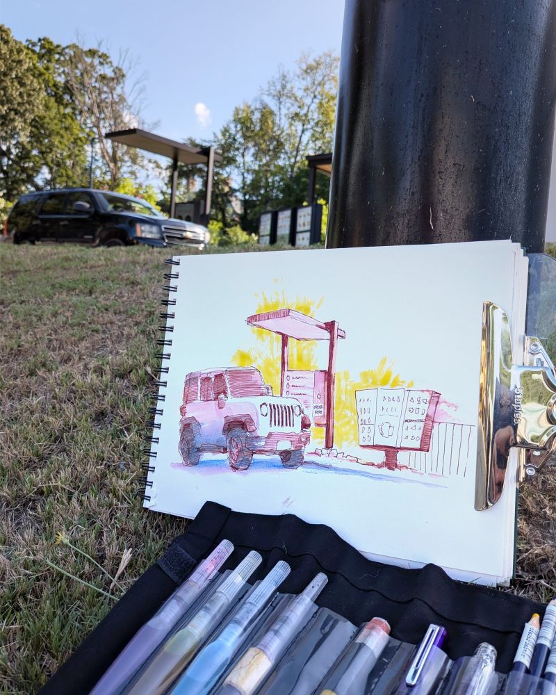 Photo of the sketch with subject in the background. A Chevrolet Tahoe occupies the space where the fleeting Jeep once was.