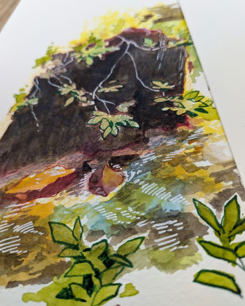 Close-up painting of a stream surrounded by vegetation