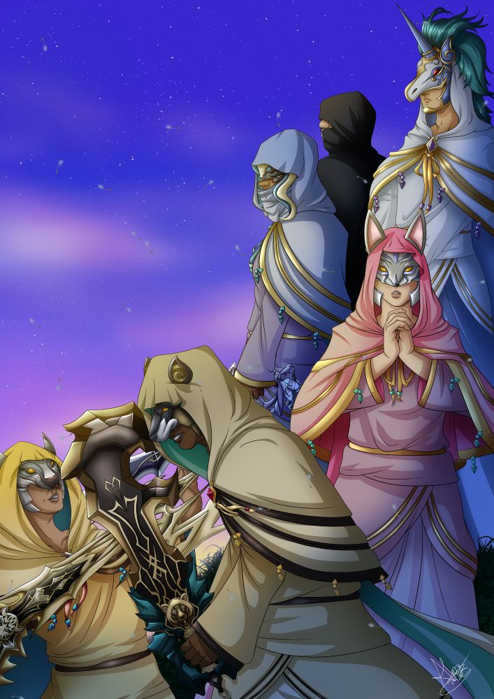 The foretellers from Kingdom Hearts Union X 

Starting from the front, there is Gula, who wears a yellow hood/cape and a leopard mask. His keyblade, which he is holding up to defend an attack, is a cream colour, very pointy and has a leopard near the handle of the keyblade. It looks like lightning. 

The person attacking Gula is Aced. He wears the same as Gula, only as a tan colour. his keyblade is very thick and looks a bit like a large creature roaring. It is brown and tan, with a teal hilt. He looks angry. 

Behind them to the right is Ava. She is holding her hands together as if to pray, just below her face. She is also wearing a hood/cape with loose-fitting clothes, but hers are a bright pink, going into a baby pink. She wears a fox mask which is grey in colour. 

To the left of Ava, is Invi. She is looking to the left of the piece. She is wearing the same as the others but in a lilac colour. she is wearing a snake mask, the tail of which comes out from the left side. 

To the right of Invi and behind Ava is Ira. Ira also wears the same as the other foretellers but has turquoise fur attached to the top of the hood. His clothes are white. His mask is a unicorn. Ira is at a 3/4 angle and is looking to the distance, with his hands on top of his keyblade, hidden by Ava in front of him. 

Hiding in between Invi and Ira is Luxu, who is much further behind everyone else and only poking out a little bit. He wears a full length black coat, with only his nose visible. He is also looking to the left. 

The background is a mixture of blues, pinks and purples, with starts in the distance. 