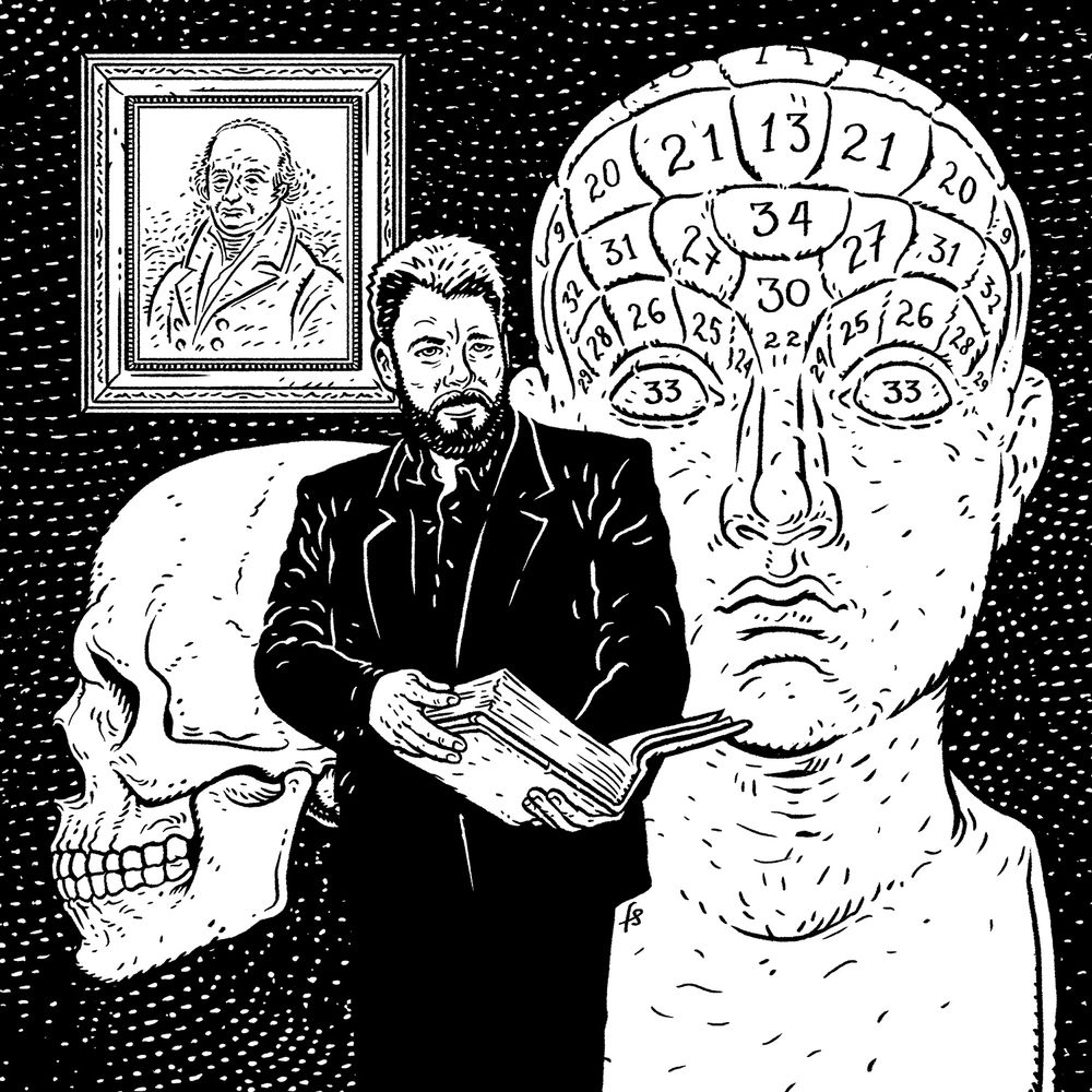 Portrait of Jonathan Frakes next to a phrenology bust, a human skull and a painting of Franz Joseph Gall, by Felipe Sobreiro