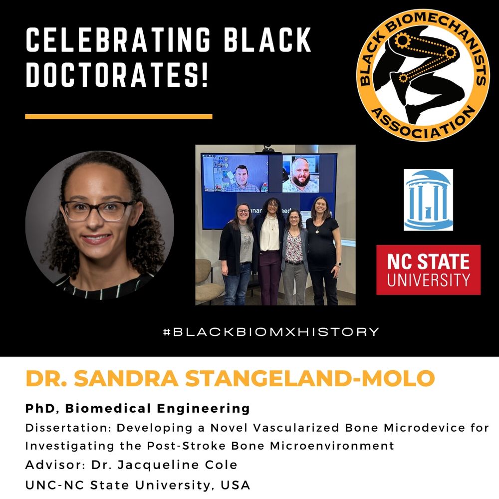 Dr. Sandra Stangeland-Molo earned her PhD in Biomedical Engineering at the University of North Carolina Chapel Hill-North Carolina State University, under advisement of Dr. Jacqueline Cole. Her dissertation was entitled ‘Developing a Novel Vascularized Bone Microdevice for Investigating the Post-Stroke Bone Microenvironment’. Images show a headshot of Dr. Stangeland-Molo, her defense committee, and the University of North Carolina Chapel Hill-North Carolina State University academic logos.