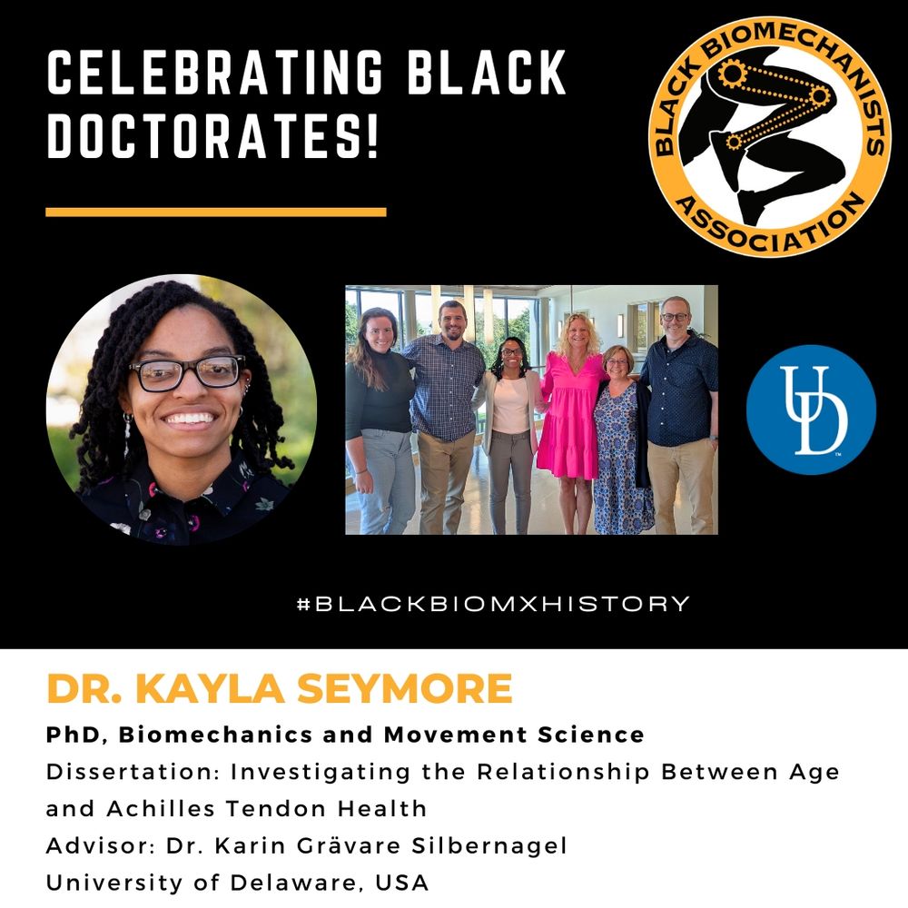 Dr. Kayla Seymore earned her PhD in Biomechanics and Movement Science at the University of Delaware, under advisement of Dr. Karin Grävare Silbernagel. Her dissertation was entitled ‘From Growth to Injury: Investigating the Relationship Between Age and Achilles Tendon Health’. Images show a headshot of Dr. Seymore, her defense committee, and the University of Delaware academic logo.
