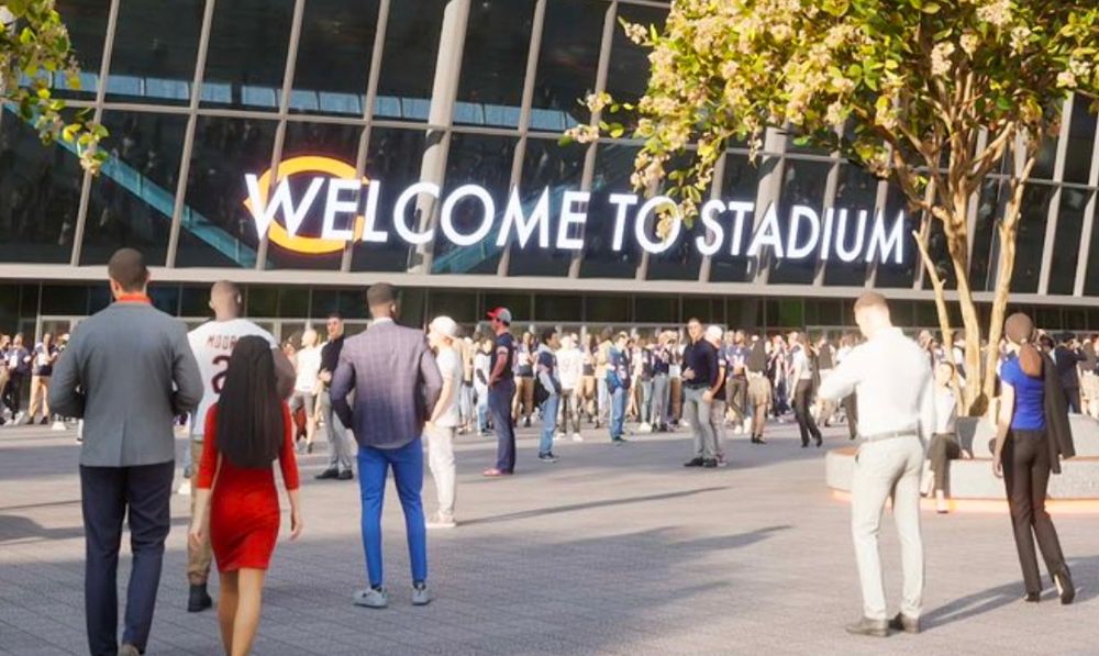 Zoomed in look at a Bears stadium rendering featuring a sign saying "Welcome To Stadium" 