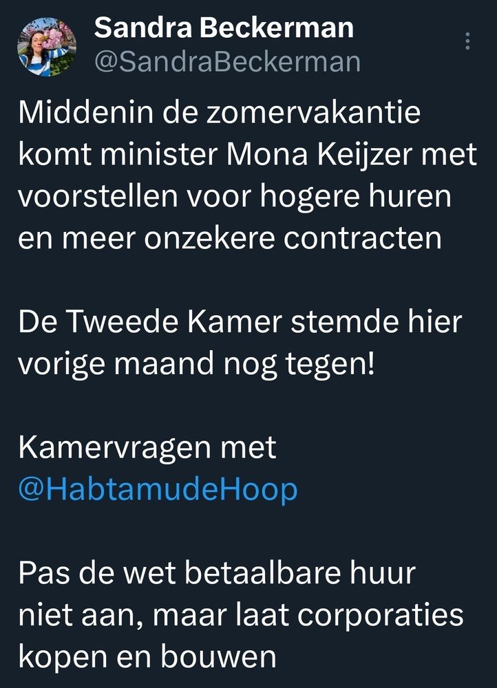 Kamerlid Sandra Beckerman (SP) op X.