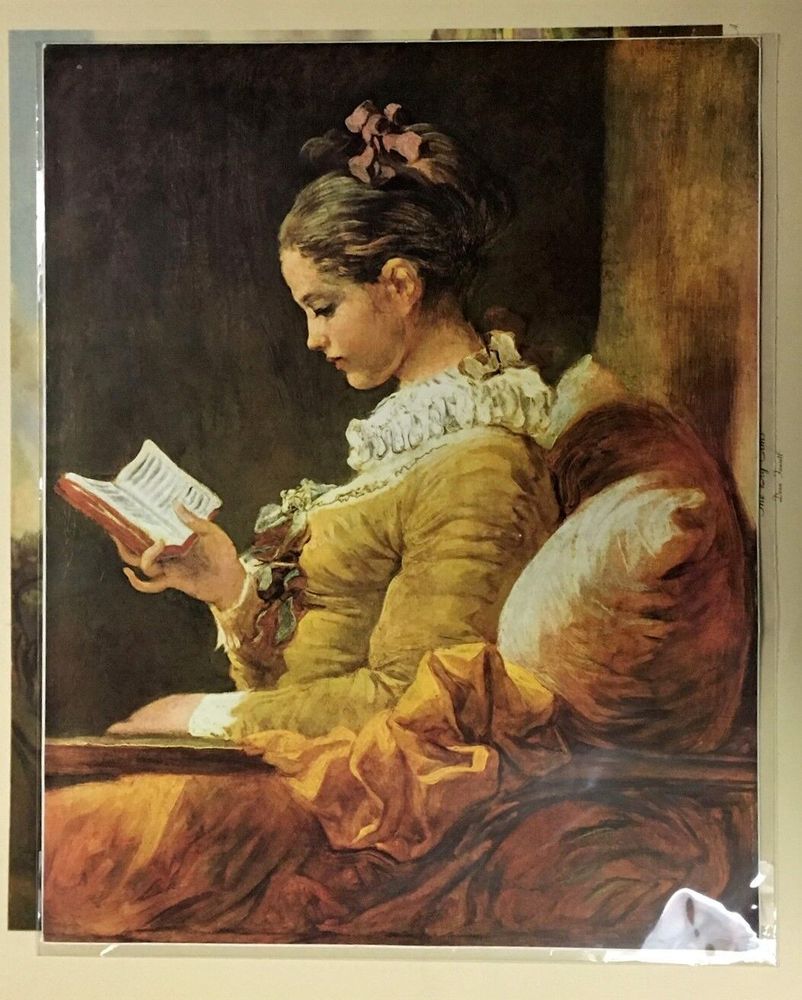 A painting of a Victorian girl, seated and reading a small book.