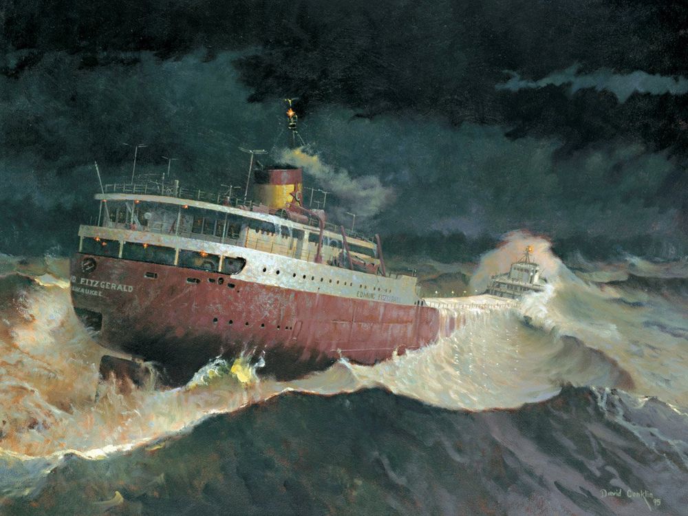 painting of the SS Edmund Fitzgerald being tossed by waves on Lake Superior.