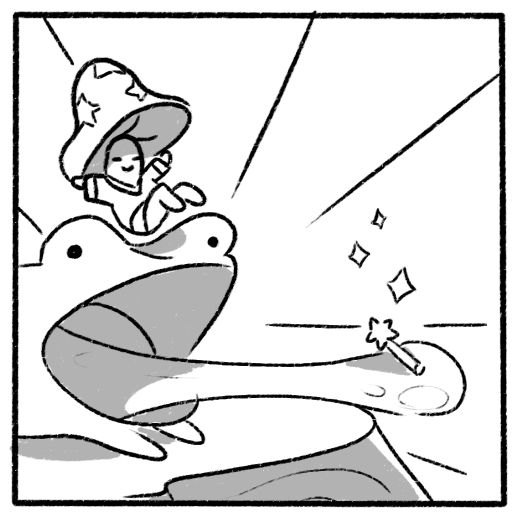 Mageshroom jumps on the frog which has it shoot it's tongue out. On the tongue is the missing wand!