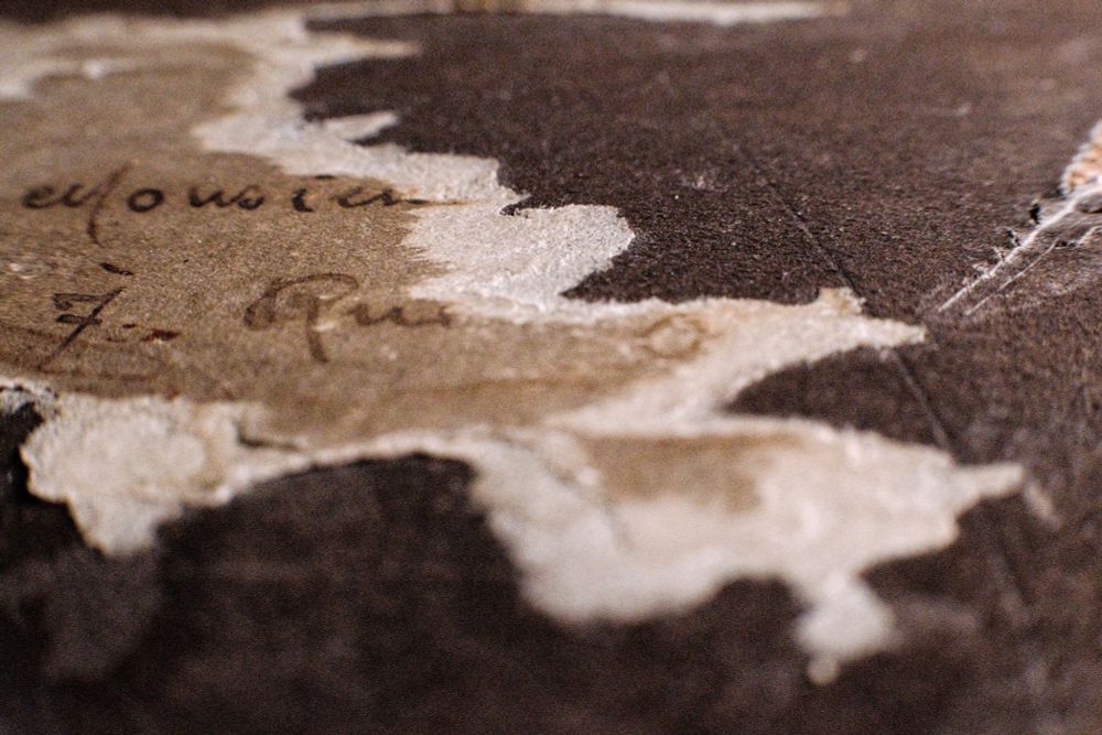 A torn label clings to the century-old surface of the travel chest, the last remnant of an address once carefully inked by hand. Its paper, now brittle and frayed, peels away like skin remembering warmth. The faint, sepia lines of script, “Monsieur…” and a ghost of a street name, whisper of departures long past. The ink has faded into the fibers, merging with the dust of the years, while the surrounding leather darkens into deep earth tones, cracked and rough like dried riverbeds.

Side lighting sweeps across the scene, tracing each contour, revealing not just texture but the weight of time. The light grazes the edge of the paper, turning decay into relief, making the simplest crack feel monumental. What was once practical, a tag for direction, identity, destination, has become pure archaeology of human presence.

The photograph lives between memory and matter. It speaks of journeys before digital borders, when names were written, not scanned; when distance had texture and the unknown smelled of salt and rust. Every tear, every crease holds the echo of touch, the careful press of fingers gluing this label in place, the abrasion of countless miles wearing it down.

Now, only fragments remain: the ghost of a name, the breath of ink, the soft sigh of the past. The chest has become a reliquary of movement and silence, and the image, a meditation on endurance, how even paper, fragile as it is, can outlast memory itself. The photograph doesn’t simply show texture; it listens to what the material world murmurs when time itself becomes part of the surface.
