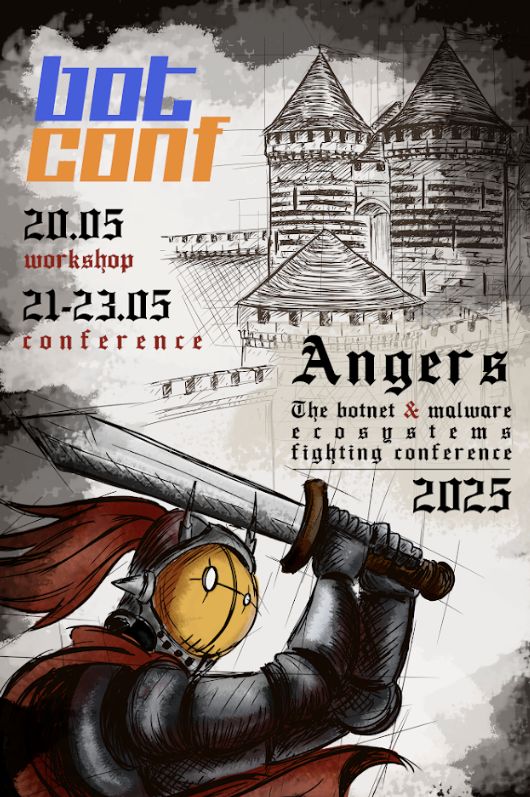 Botconf2025 poster with a knight holding a sword in the foreground. Below his helmet the head of a "bot" inspired by the conference logo. In the background, castle walls and the text with the dates of the Conference in Angers 20-23 May 2025.