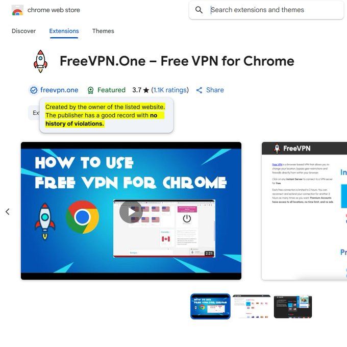 FreeVPN.One's listing in the Chrome Extensions store, showing it is verified. 