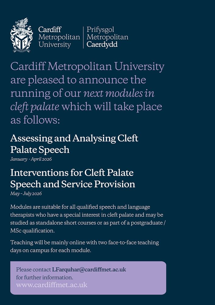 Poster providing information about cleft masters module at Cardiff Met University