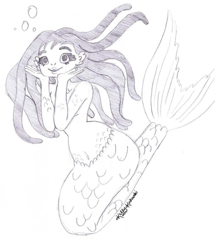 A pencil drawing of a mermaid. She has big round eyes with rounded eyelashes, nose slits, and thick tentacle like hair. Her lower half is a more traditional-like mermaid tail with larger scales and her upper human-like half has smaller scales.