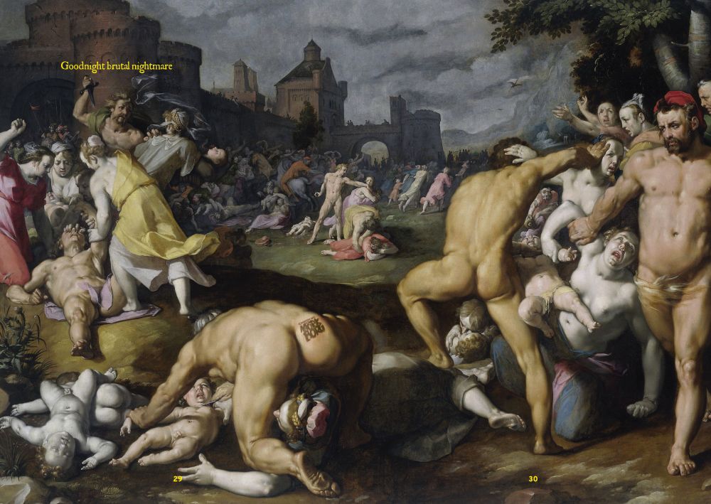 The last pages of GOODNIGHT MÖRK BORG, a children's book as written and illustrated by me (and the public domain). The image depicts a slaughter being carried out by a lot of naked dudes and one bears a strikingly similar to Munkymoto's ass tattoo of the MB compatibility logo. The text "Goodnight brutal nightmare" is in the upper left. 