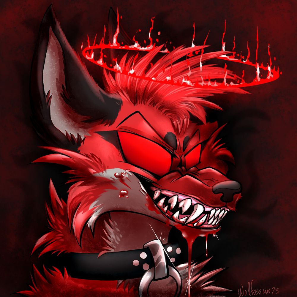 A digital drawing of a red demonic fox. It's eyes are coloured bright red without pupils and it's teeth are bared sith blood dripping out of their moutt. It has a red halo that appears to be burning and a black collar.