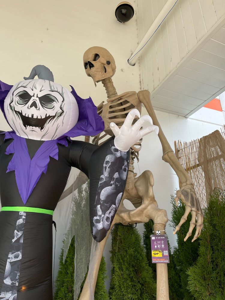 a pic of a large skeleton looming over me and standing beside an inflatable character (Wizard pumpkin?)
