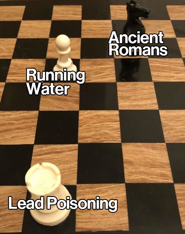 Chess board with a white pawn, white rook, black knight. The knight labeled "Ancient Romans" can attack the pawn labeled "Running Water" but will then be attacked by the white rook labeled "Lead Poisoning"