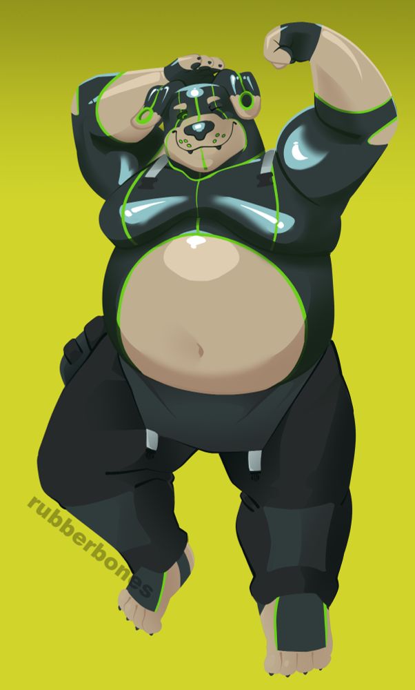 Colored digital drawing, one figure, pin-up style. Scott Weiler, now fully shifted to his rubber form, poses laid back with both arms raised, showing off his large biceps and chest. He winks and smiles.