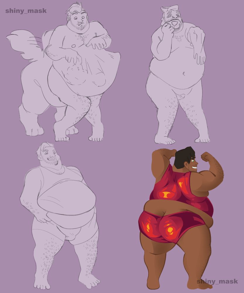A four panel sequence. A very plump hyena mutt forces his way into a human man through his rear end, making visible impressions as he stretches the human's belly with his paws and snout. Then the human stands pulling his mouth closed over a snout, his eyes now hollow like a suit. Then the man pulls a very tight pair of shiny spandex shorts up his thighs, also squishing his sizable belly. His belly is contained by a similarly tight tank top. He smiles with mischief and satisfaction. Then the man strikes a pose flexing his fat and muscular arms, turned away to give the viewer a clear view of his shiny-shorted backside.