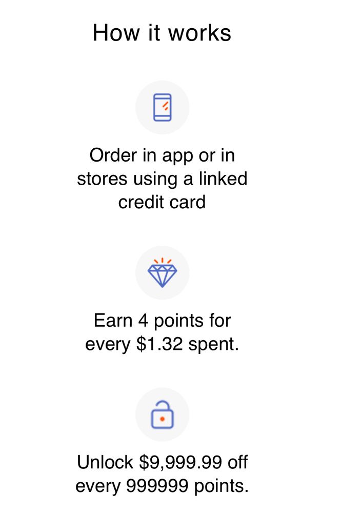 A screenshot of a loyalty program FAQ: How it works Order in app or in stores using a linked credit card Earn 4 points for every $1.32 spent. Unlock $9,999.99 off every 999999 points.