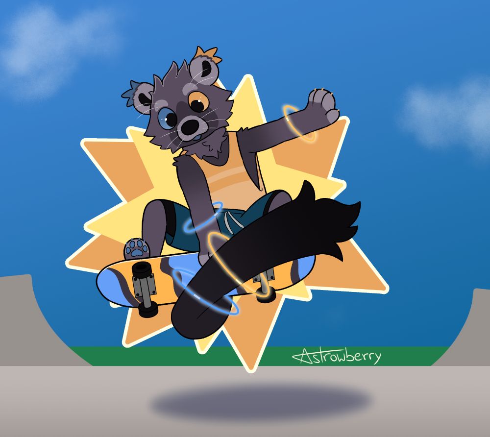 An anthro binturong performing a skateboard trick