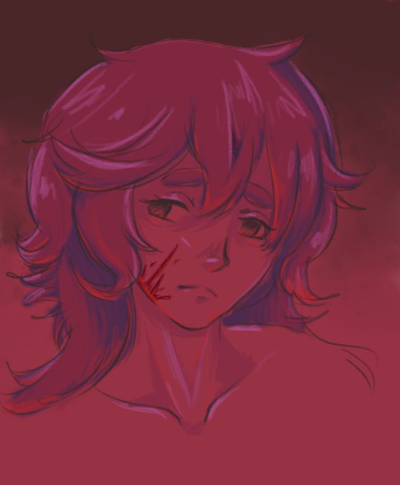An illustration of Suletta Mercury from "Mobile Suit Gundam: The Witch From Mercury". She is dark red in color with bright red and purple highlights, wearing a burdened expression and a streak of blood across her face.