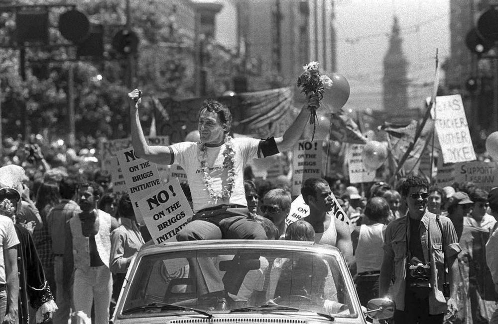 Harvey Milk in San Francisco's seventh annual Gay Freedom parade, June 26, 1978, photo via Associated Press