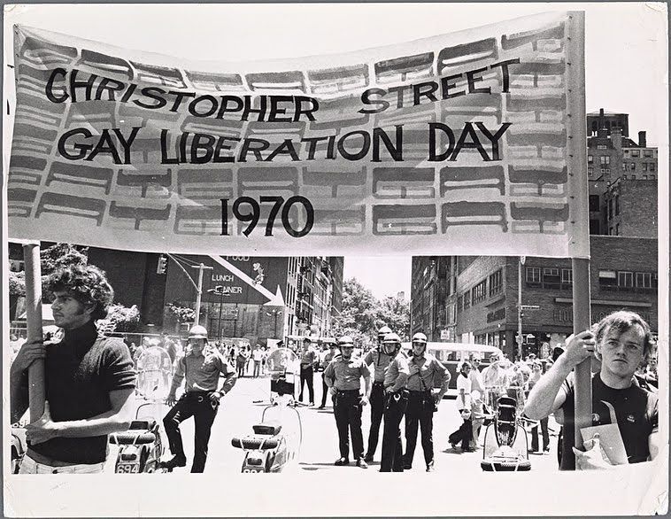 Christopher Street Liberation Day March, June 28, 1970. Jim Fouratt of the GLF, at right, holding the banner. Credit: Photo by Diana Davies, courtesy of Manuscripts and Archives Division, NYPL