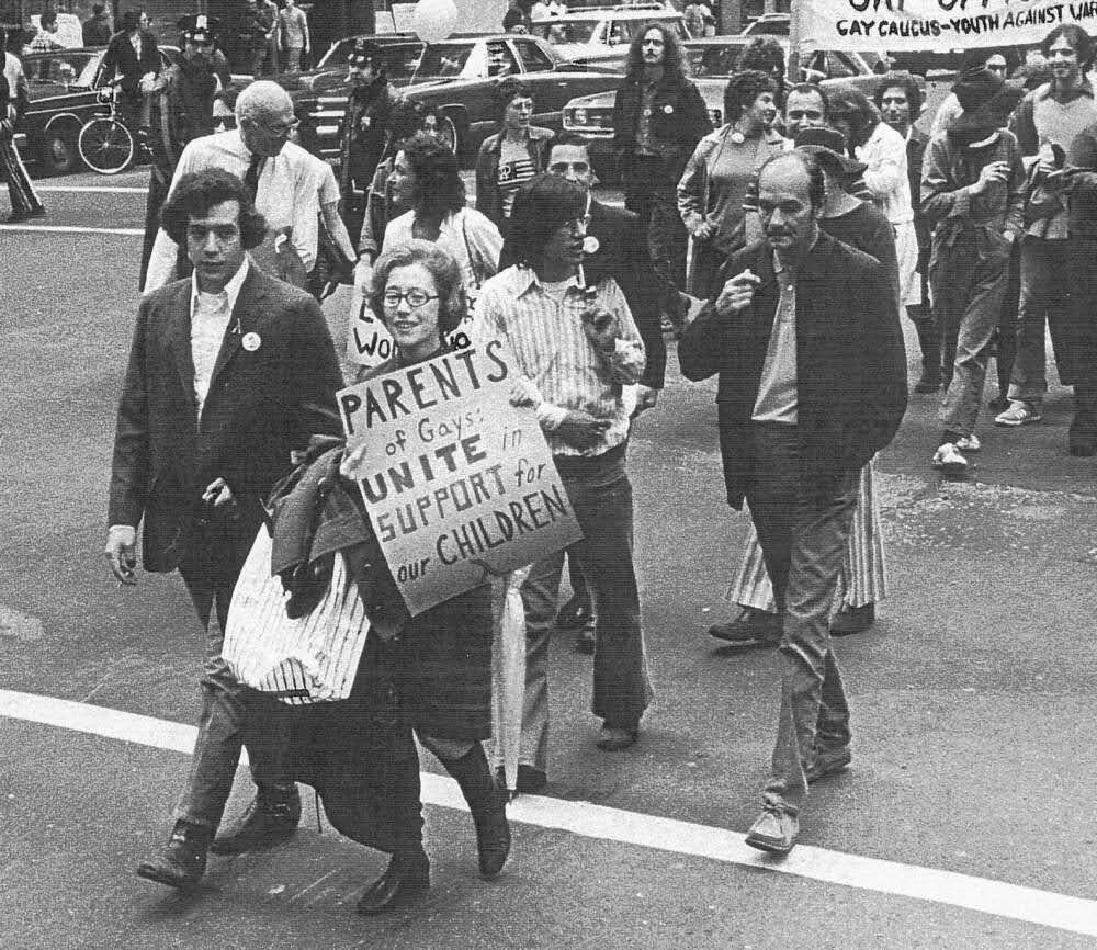 Jeanne Manford, holding the sign "Parents of Gays: Unite in Support for Our Children," alongside her son, Morty Manford, at the third annual Christopher Street Liberation Day March in New York City, June 25, 1972. (Courtesy of Les Carr/PFLAG National)
