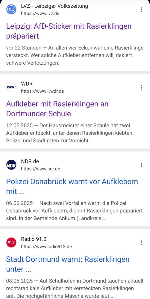Schneller Googlesuchergebnisse die in Leipzig, Dortmund und Osnabrück Rasierklingen hinter AFD Stickern melden (zwischen Mai 25 und jetzt)
