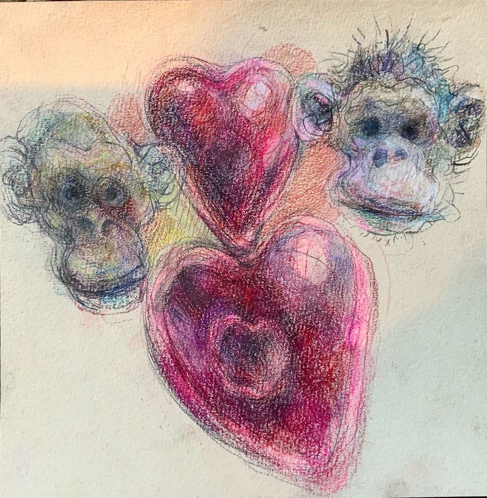 Two monkey heads left and right and two shiny pink hearts, all floating seductively 