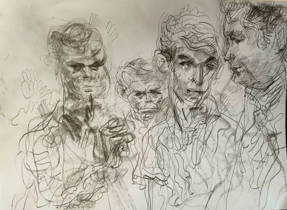 Man interviews Al Dennis Brian, Al is small and has a wide mouth, the drawing is in pencil and charcoal and even its idiosyncrasies are excellent and you love them 