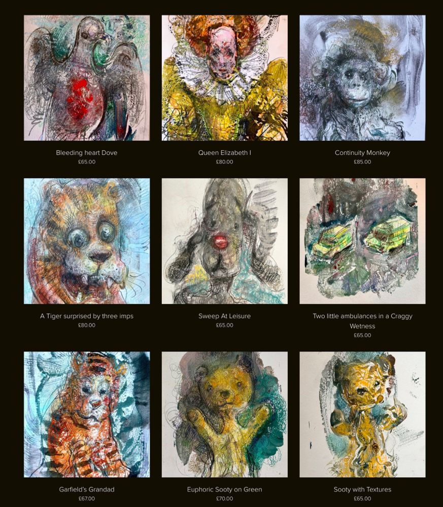 My monoprint-drawings arranged in a grid on my website.