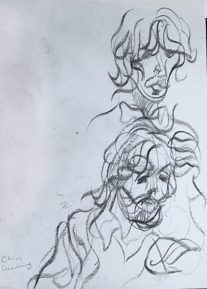 Simpler faster charcoal sketches of George and Paul, portrait format one above the other 