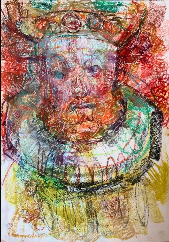 A big bold silly spontaneous oil pastel drawing of Henry VIII rendered benign, bright sweetie colours 