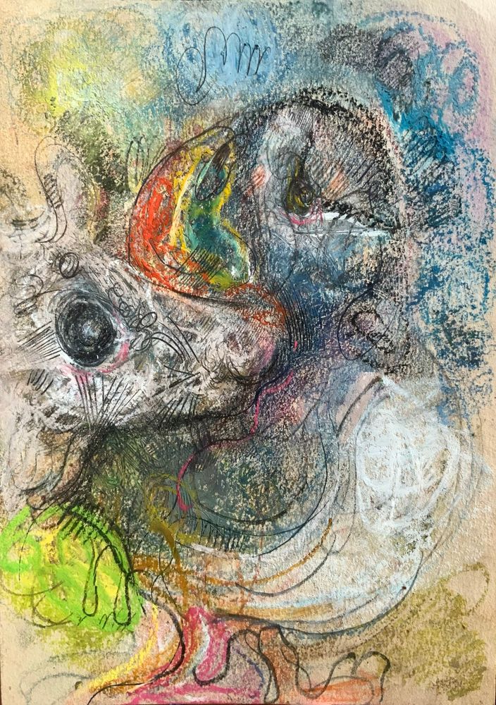A puffin and a rat’s face, nestled, interlocked, both soft and scribbly drawing with many textures