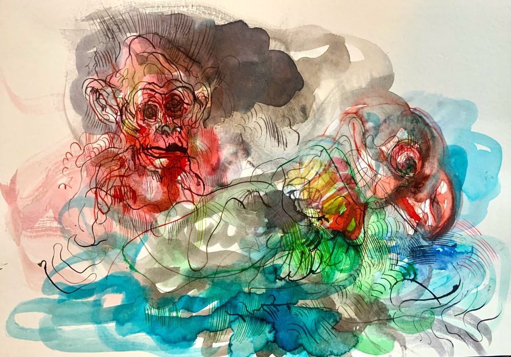 Red monkey and very strange bird, more exploratory, piecemeal ink 