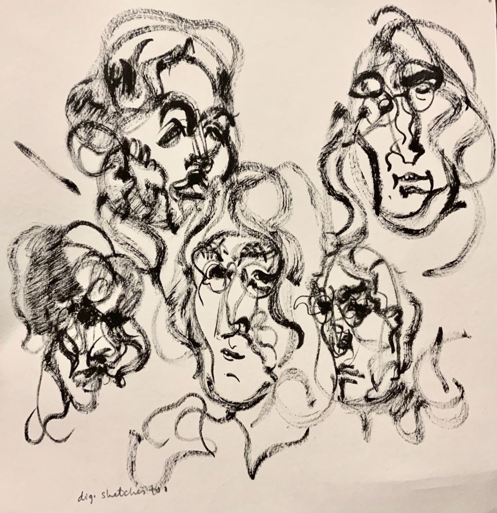 Brush pen beatle heads with some dodgy Johns a george and a Paul 