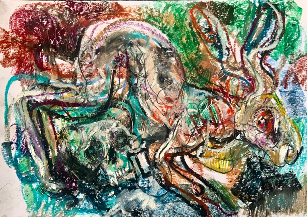 Oil pastel drawing of a hare/jackrabbit jumping over a skull, lots of marks and textures 