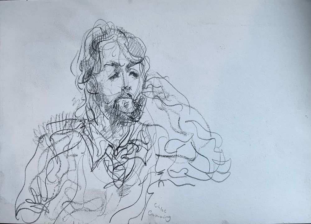 Line drawing of bearded McCartney with bet elbow and space to his right 