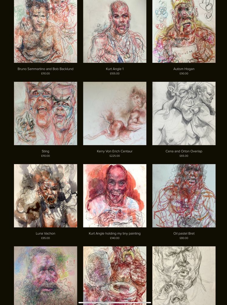 A grid of my wrestler drawing, 12 altogether, as on my website. Lots including toilet hogan, Sting, oily Bret, mick saying sell the sock, Luna Vachon 