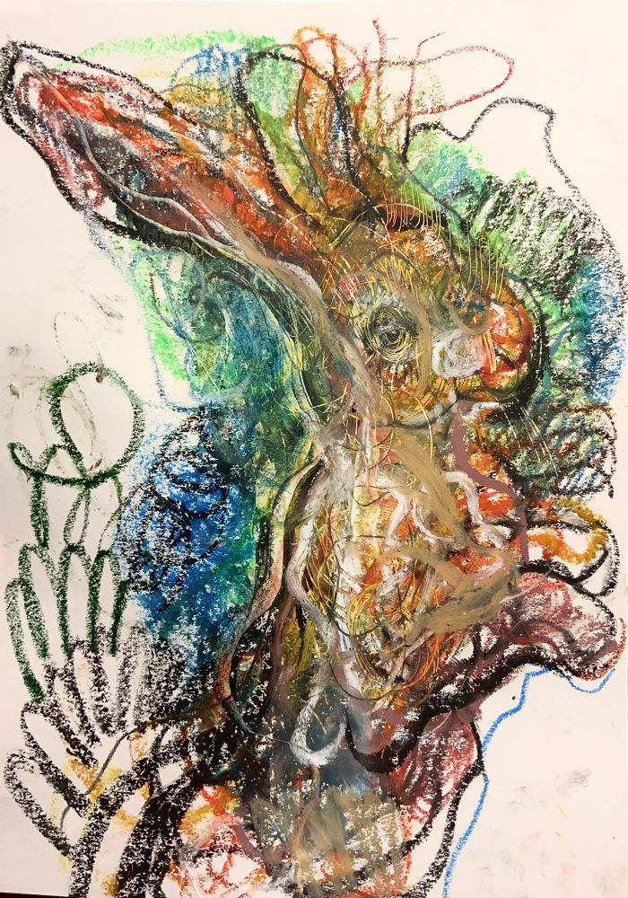 Oil pastel drawing of a brown rearing rabbit, with squiggles etc, oily line 