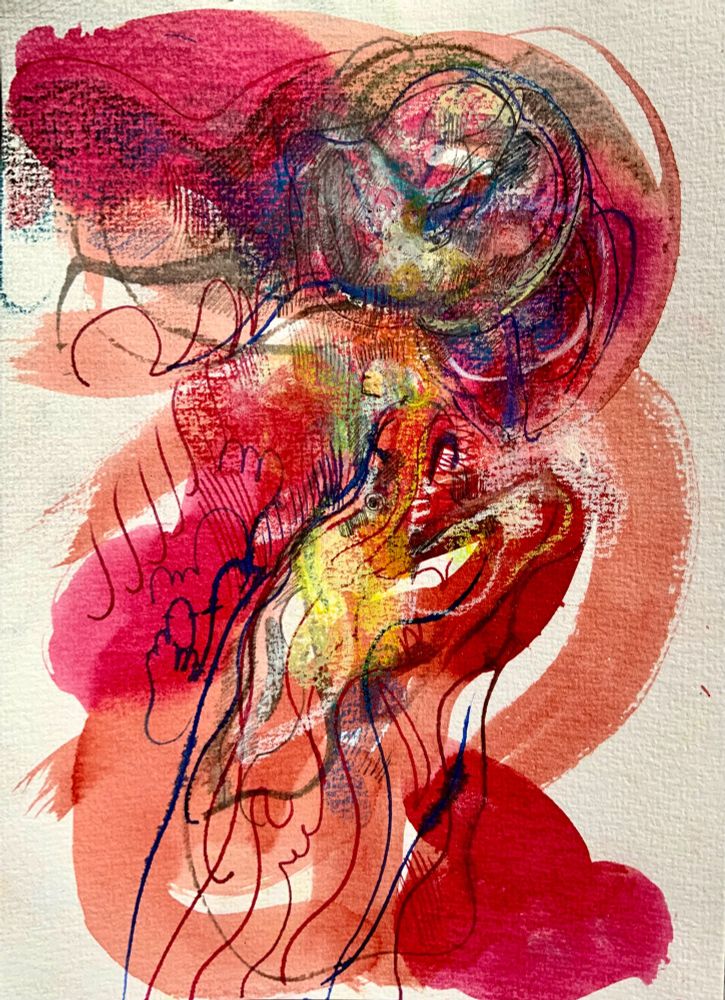 A very red pink and terracotta inky drawing of a sort of eel biting upwards and a puffin looking downwards, with pastel and pencil detail if you want to put it like that 