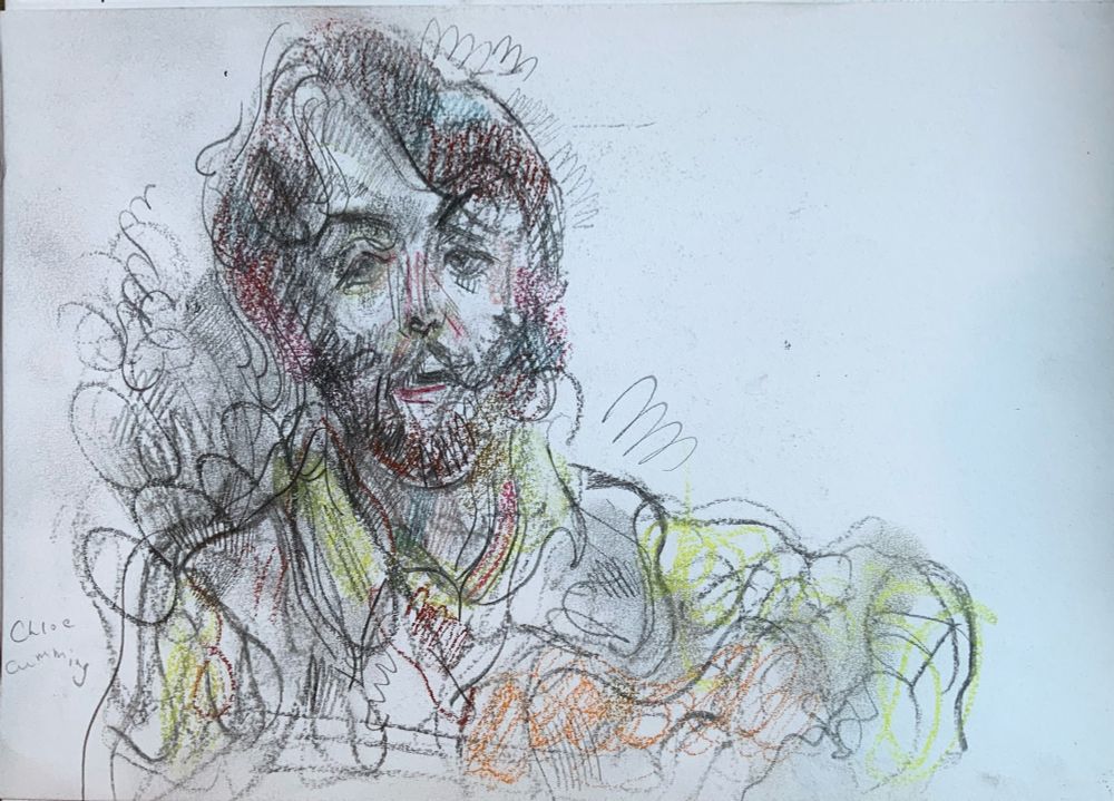McCartney in his yellow shirt again with an apparently orange guitar, charcoal and pastel drawing 