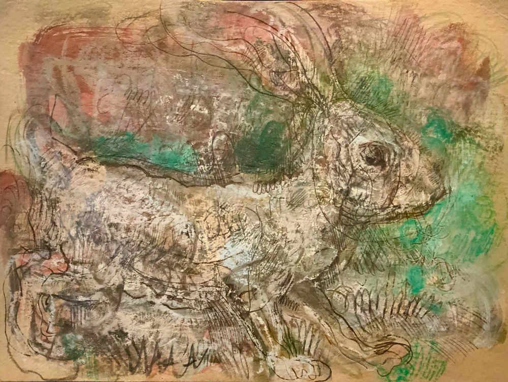 Soul hare green background, pastelly, sensitive textures. Side facing hare 