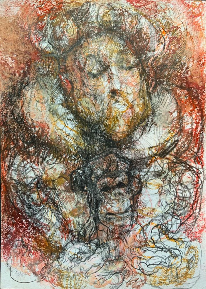 Henry viii and a small monkey, pencil lines and oil pastel textures 