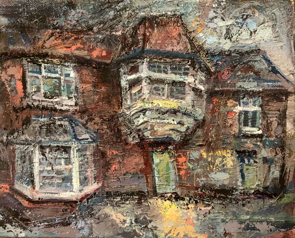 A brown terrace with very odd bat windows, highly textured atmospheric oil painting, real but not real but extra real to me 