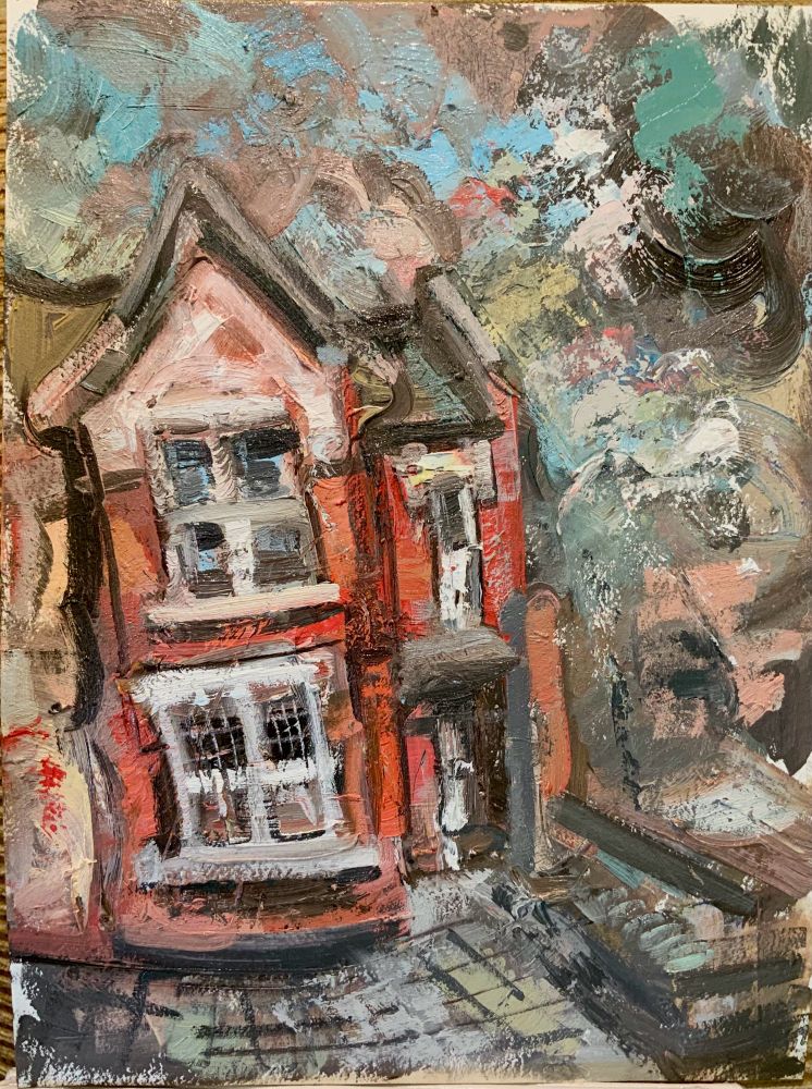 A blobby oil painting of a red house, with big bold creamy brush strokes and areas of indistinct expressive Markmaking
