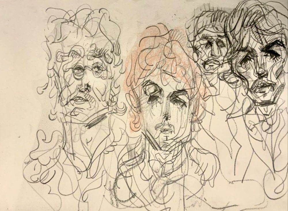 Beatles drawing where Paul has pink hair 